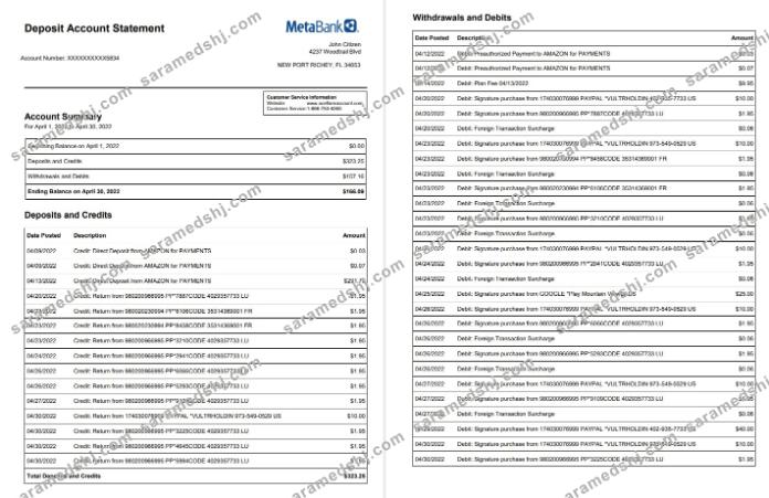 USA Metabank deposit account statement 3 pages